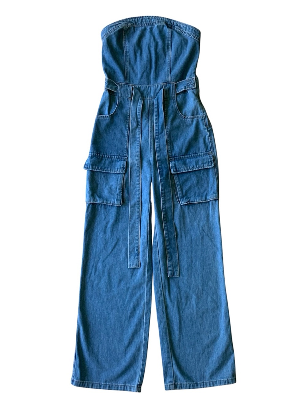 ⁠Sincerely Jules Strapless Denim Cargo Jumpsuit Wide Leg Utility Belted Sz S